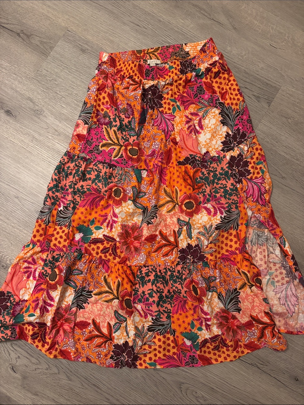 LOFT Orange Floral Patchwork Maxi Skirt with Pink and Maroon Accents